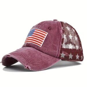 Red American Flag Star Trucker Cap-Washed Distressed USA Embroidery - Adjustable